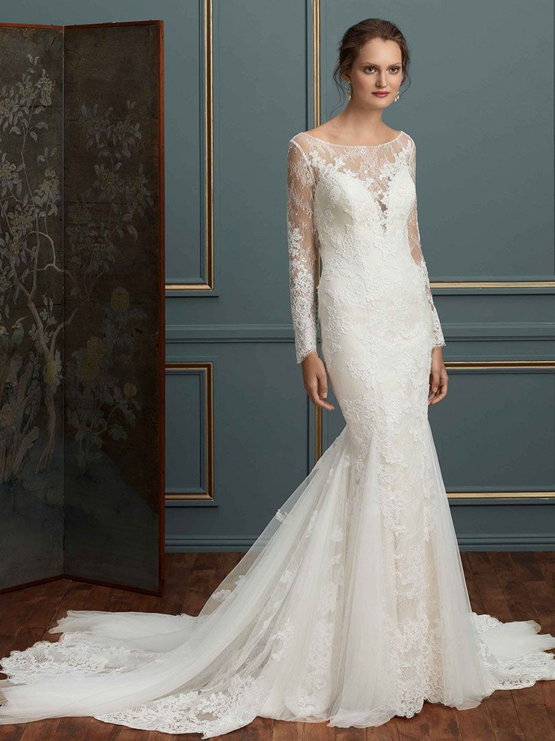 long sleeve wedding gown with plunging v neckline and illusion